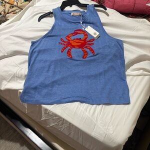 Tory Burch xl Blue Tank Top 💯 linen with Red Crab Design nwt